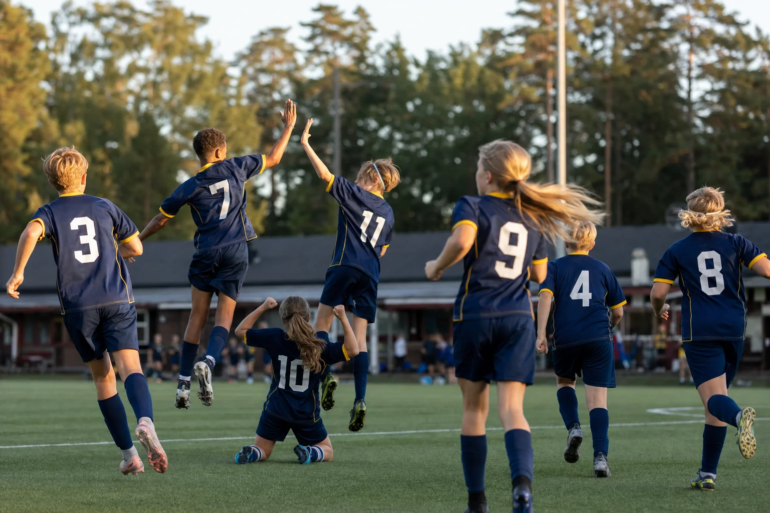 Ungdomslag firar mål på fotbollsplan i Skandinavien